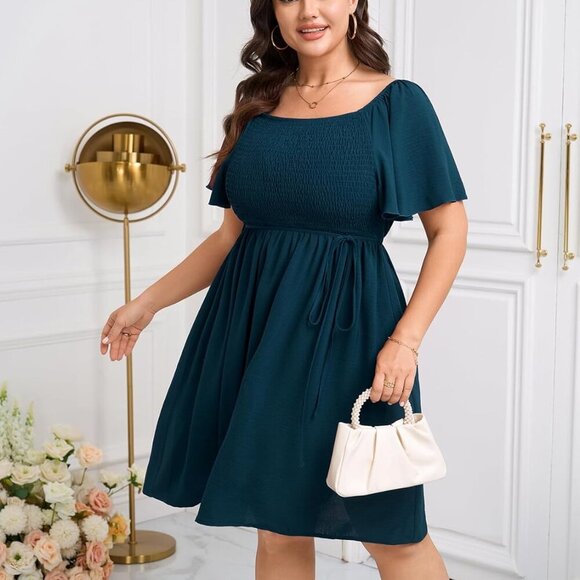 Plus Size Summer Dress Soft Smocked Short Sleeve Flowy Casual Flattering - Picture 3 of 5